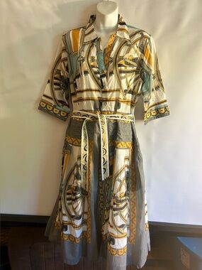 DIZZY LIZZIE MRS.MAISEL DRESS TURQUOISE & YELLOW MULTI WAGON WHEEL PRINT SIZE L